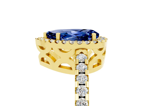 Yellow gold Pear Cut Blue Sapphire Halo Engagement Ring with Pavé Band and Prong Setting_17