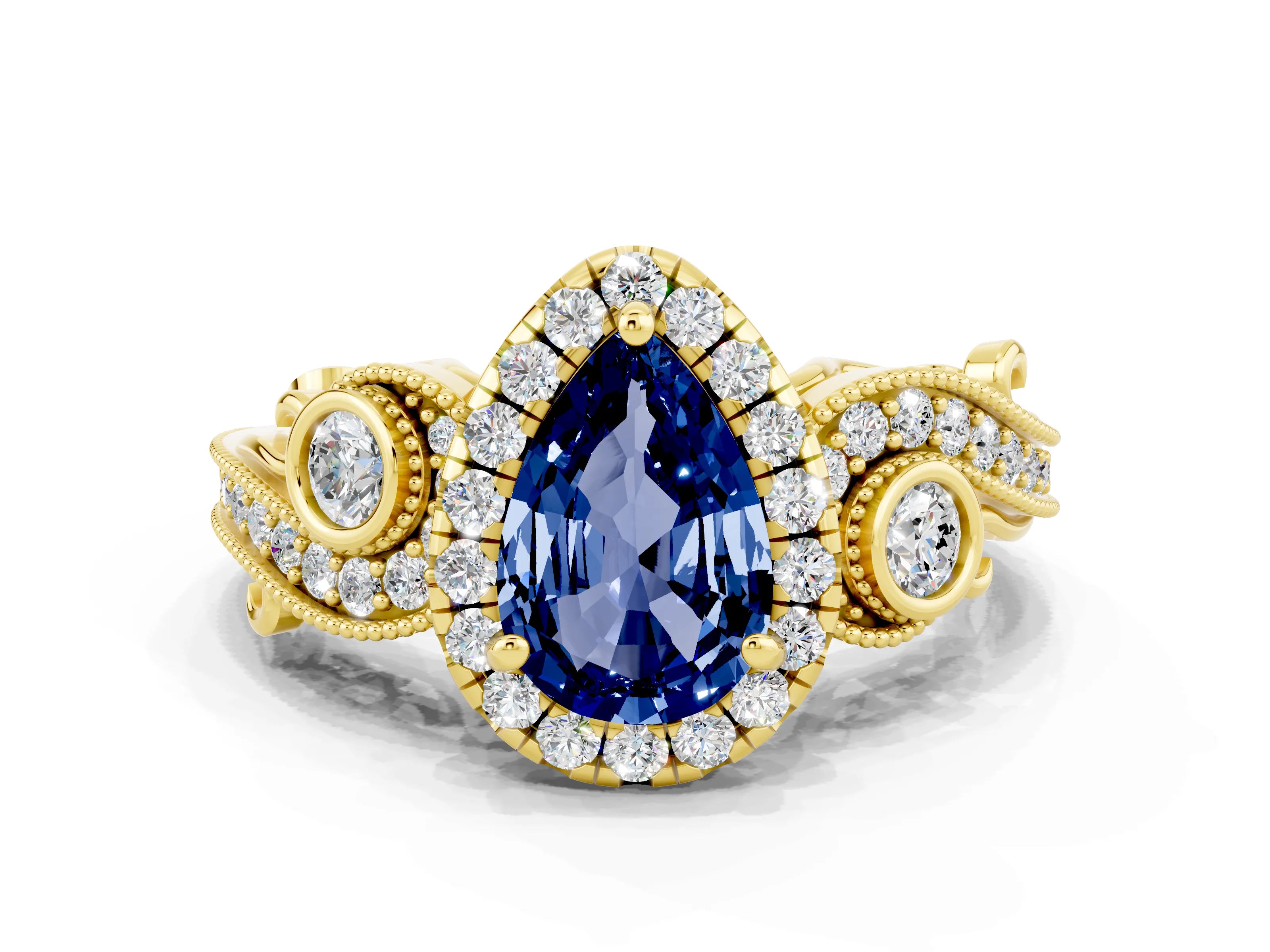 Yellow gold Pear Cut Blue Sapphire Halo Ring with Milgrain Pavé Band and Four-Prong Setting_12