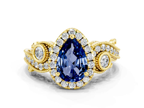 Yellow gold Pear Cut Blue Sapphire Halo Ring with Milgrain Pavé Band and Four-Prong Setting_12