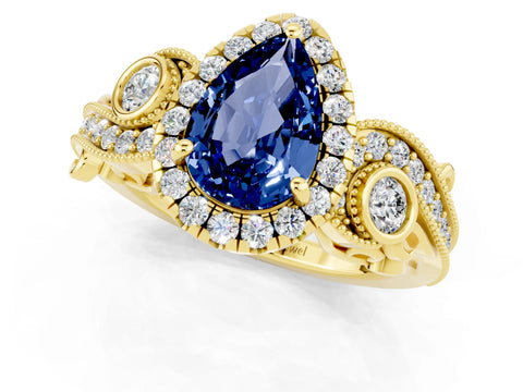 Yellow gold Pear Cut Blue Sapphire Halo Ring with Milgrain Pavé Band and Four-Prong Setting_13