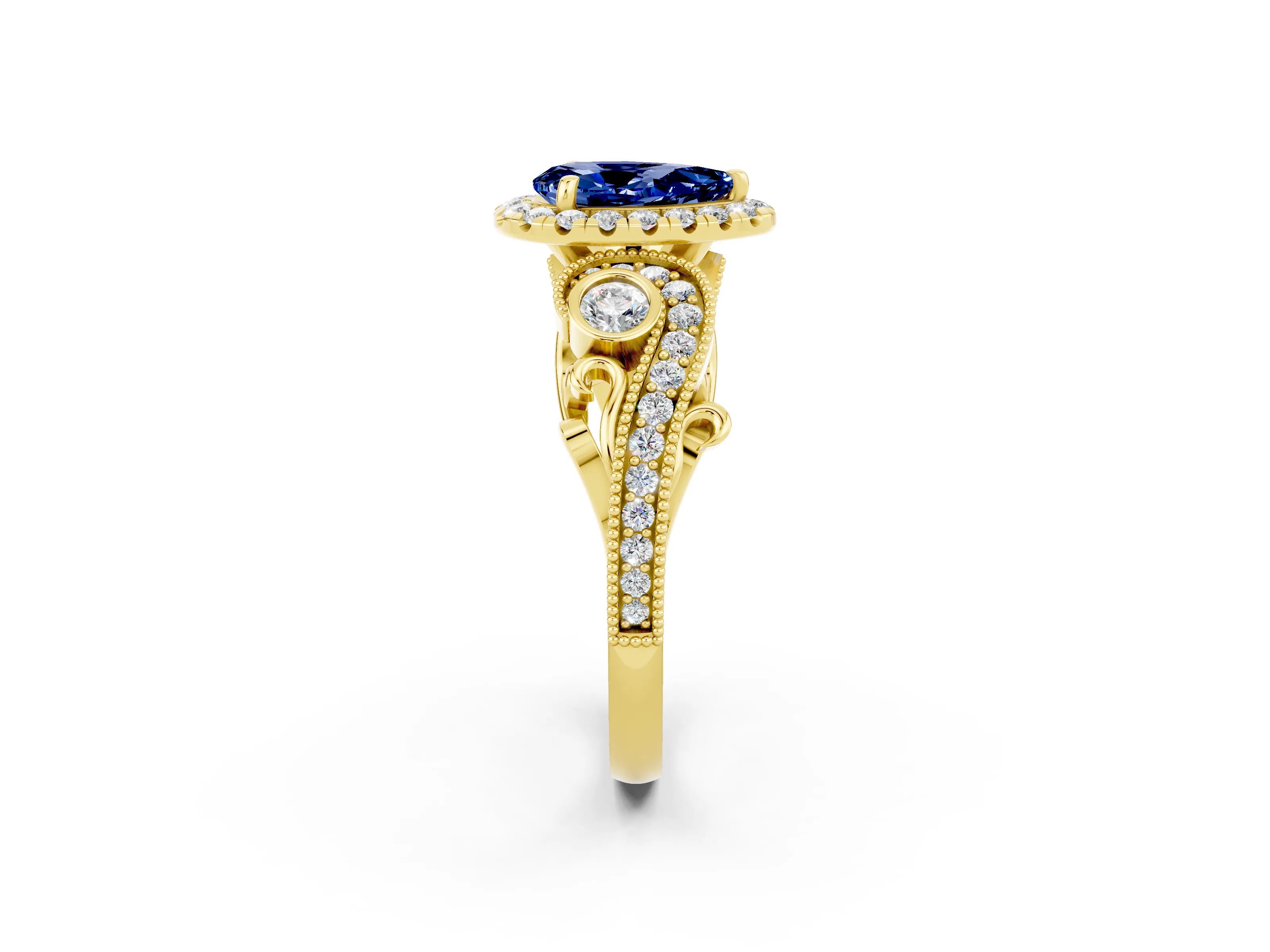 Yellow gold Pear Cut Blue Sapphire Halo Ring with Milgrain Pavé Band and Four-Prong Setting_14