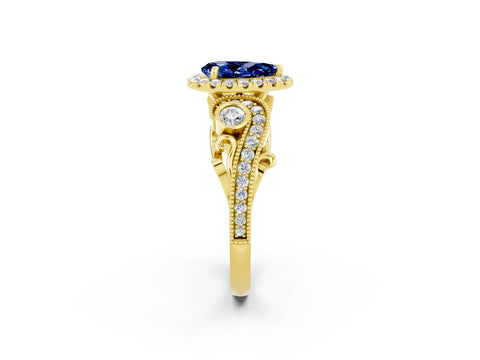 Yellow gold Pear Cut Blue Sapphire Halo Ring with Milgrain Pavé Band and Four-Prong Setting_14