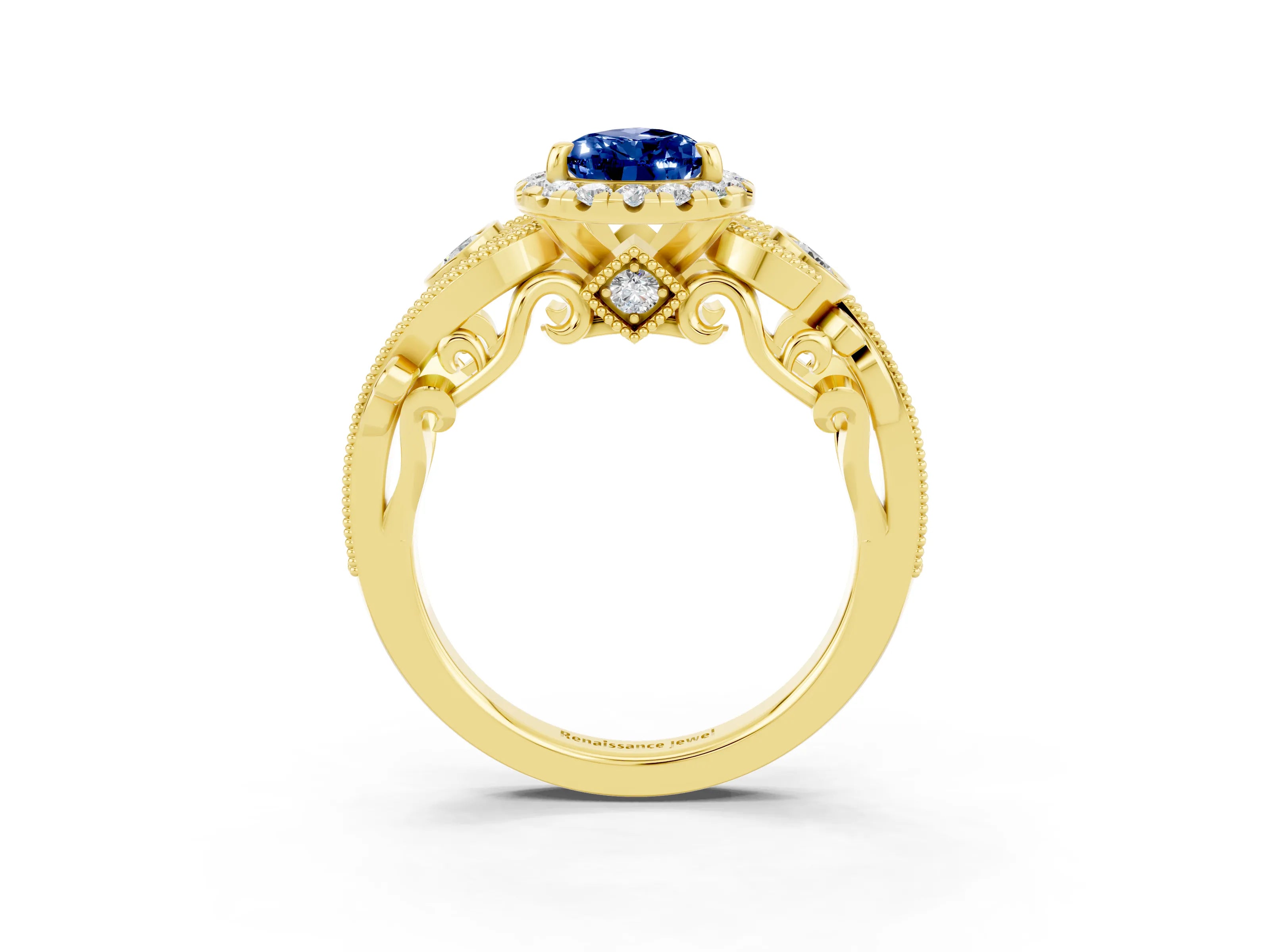Yellow gold Pear Cut Blue Sapphire Halo Ring with Milgrain Pavé Band and Four-Prong Setting_15