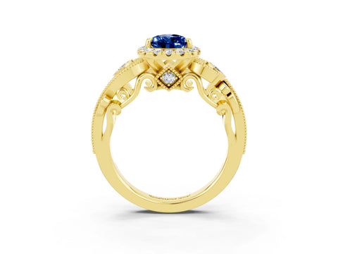 Yellow gold Pear Cut Blue Sapphire Halo Ring with Milgrain Pavé Band and Four-Prong Setting_15