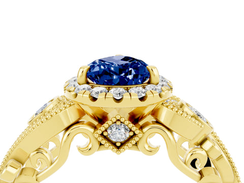 Yellow gold Pear Cut Blue Sapphire Halo Ring with Milgrain Pavé Band and Four-Prong Setting_16