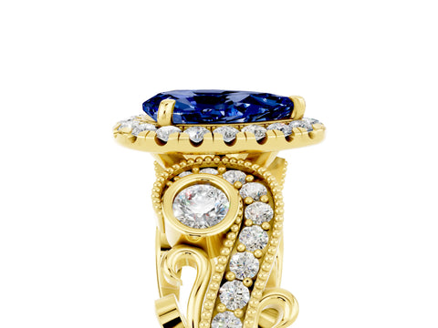 Yellow gold Pear Cut Blue Sapphire Halo Ring with Milgrain Pavé Band and Four-Prong Setting_17