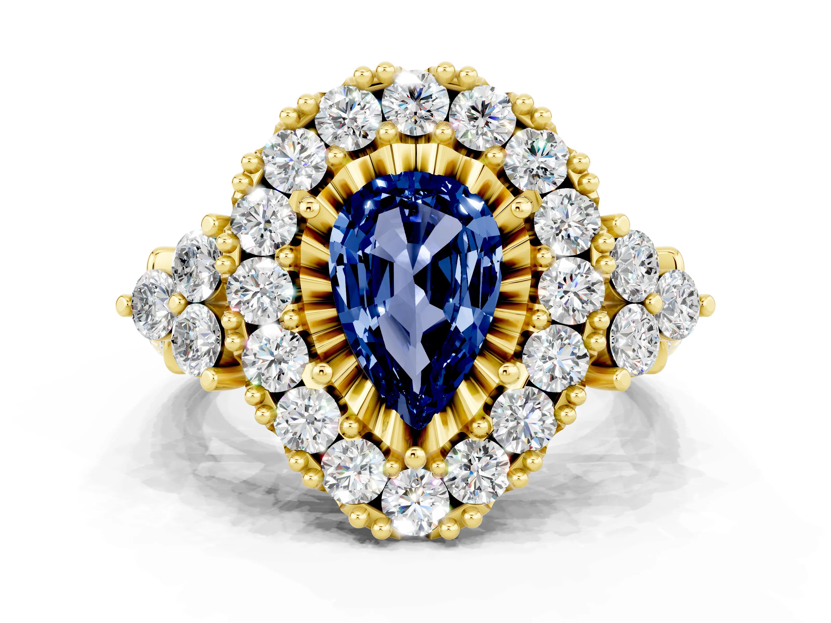 Yellow gold Pear Cut Blue Sapphire Halo Ring with Pavé Band and Four-Prong Setting_12