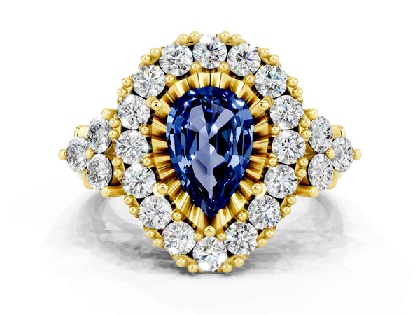 Yellow gold Pear Cut Blue Sapphire Halo Ring with Pavé Band and Four-Prong Setting