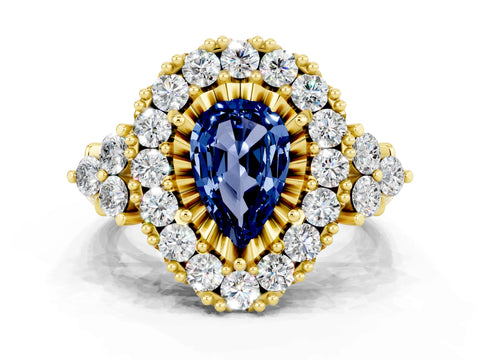 Yellow gold Pear Cut Blue Sapphire Halo Ring with Pavé Band and Four-Prong Setting_12