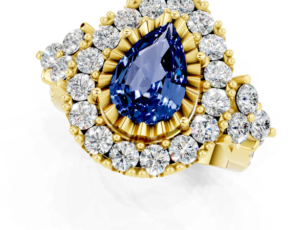 Yellow gold Pear Cut Blue Sapphire Halo Ring with Pavé Band and Four-Prong Setting
