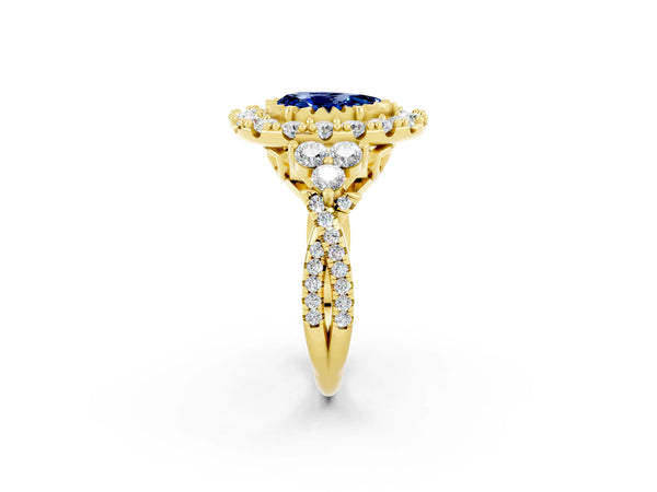 Yellow gold Pear Cut Blue Sapphire Halo Ring with Pavé Band and Four-Prong Setting