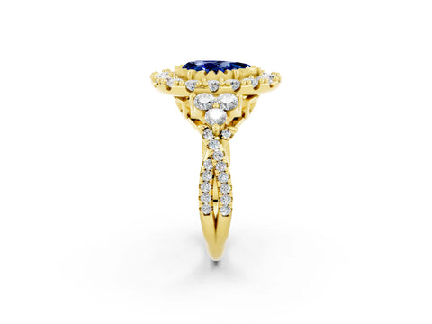 Yellow gold Pear Cut Blue Sapphire Halo Ring with Pavé Band and Four-Prong Setting_14