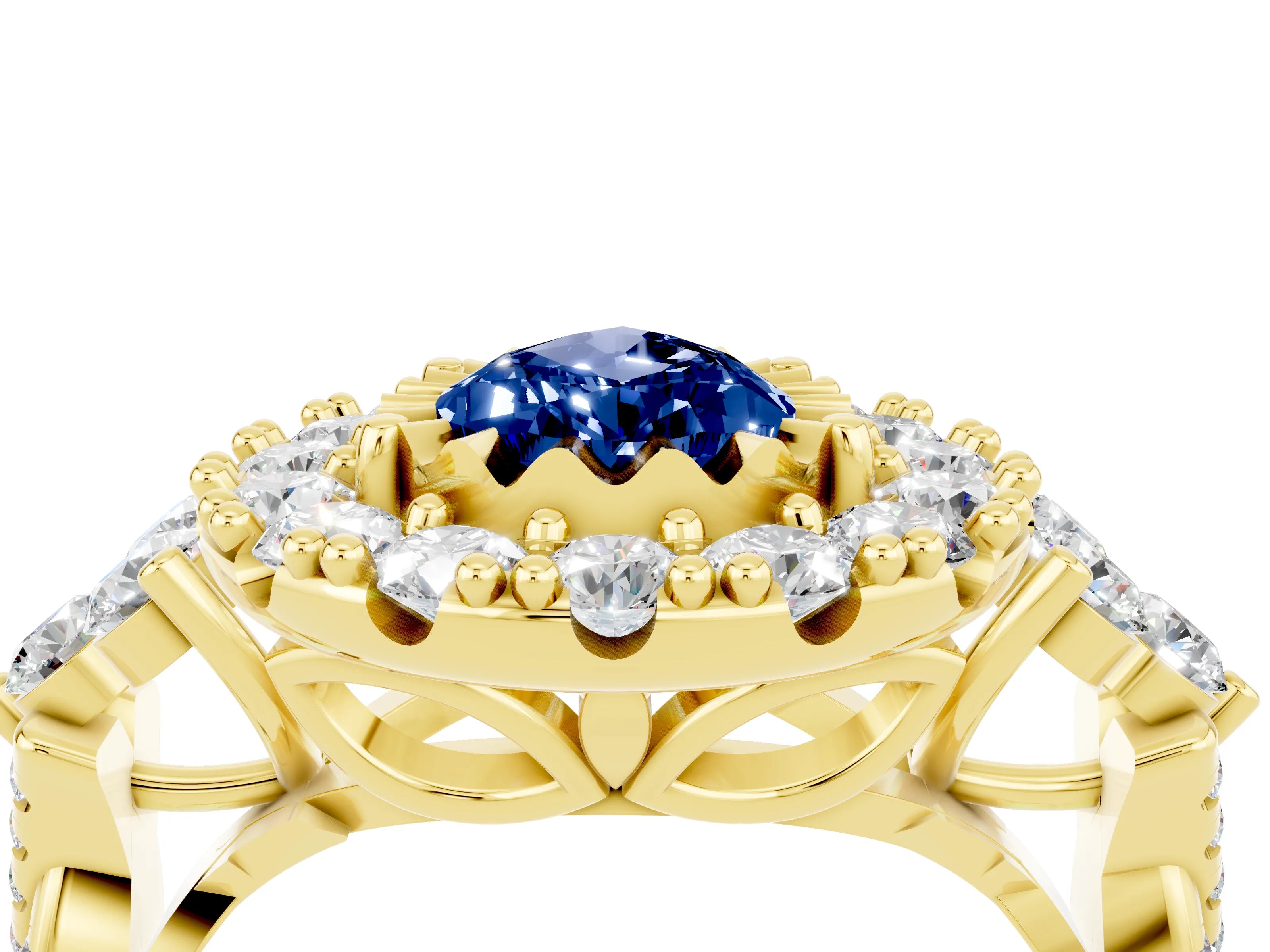 Yellow gold Pear Cut Blue Sapphire Halo Ring with Pavé Band and Four-Prong Setting_16