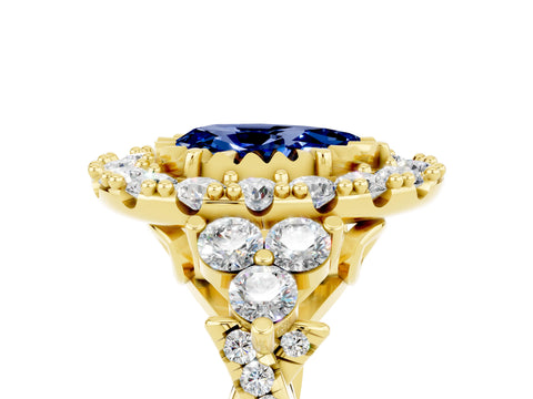 Yellow gold Pear Cut Blue Sapphire Halo Ring with Pavé Band and Four-Prong Setting_17
