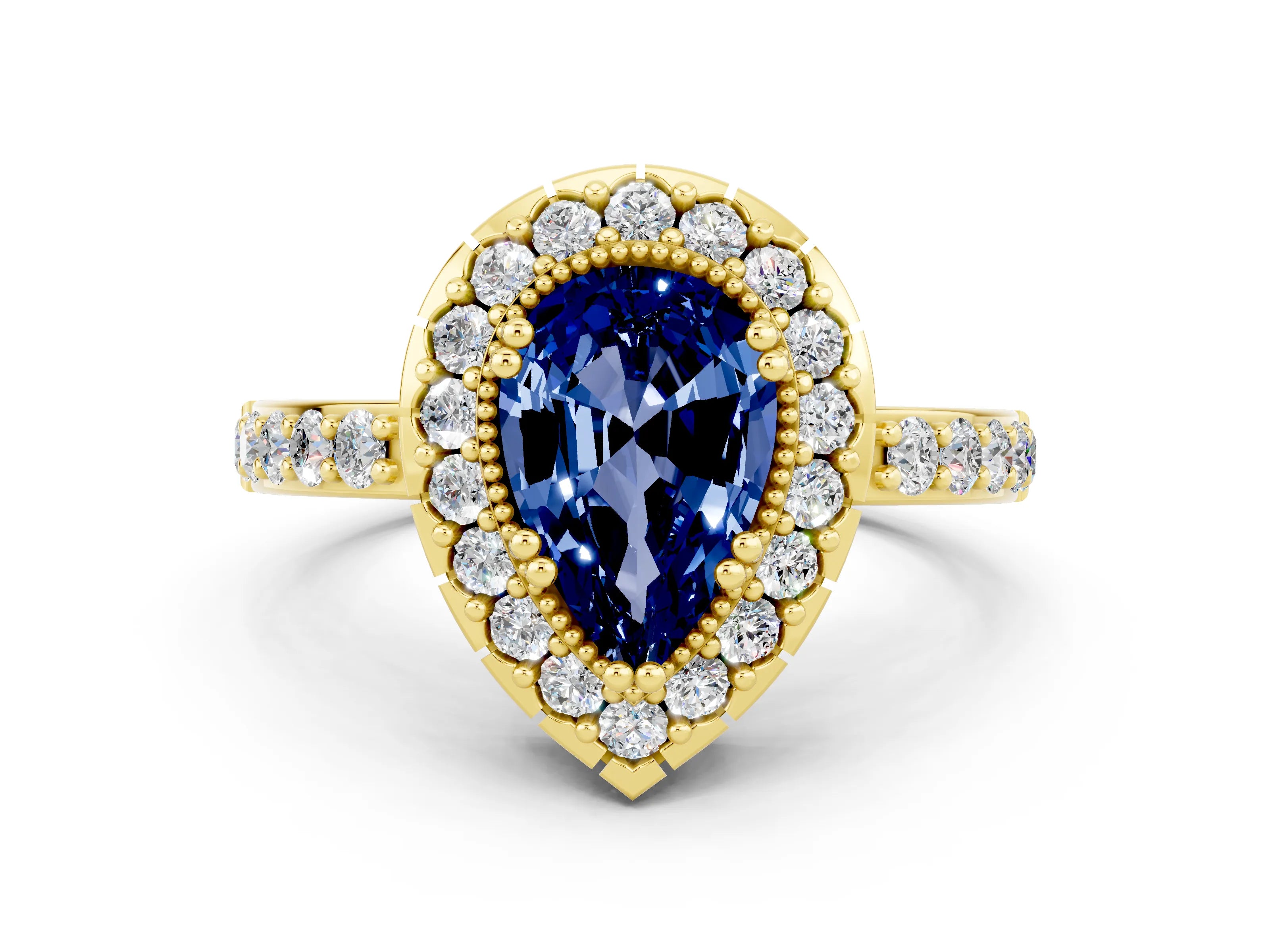 Yellow gold Pear Cut Blue Sapphire Halo Ring with Pavé Band and Prong Setting