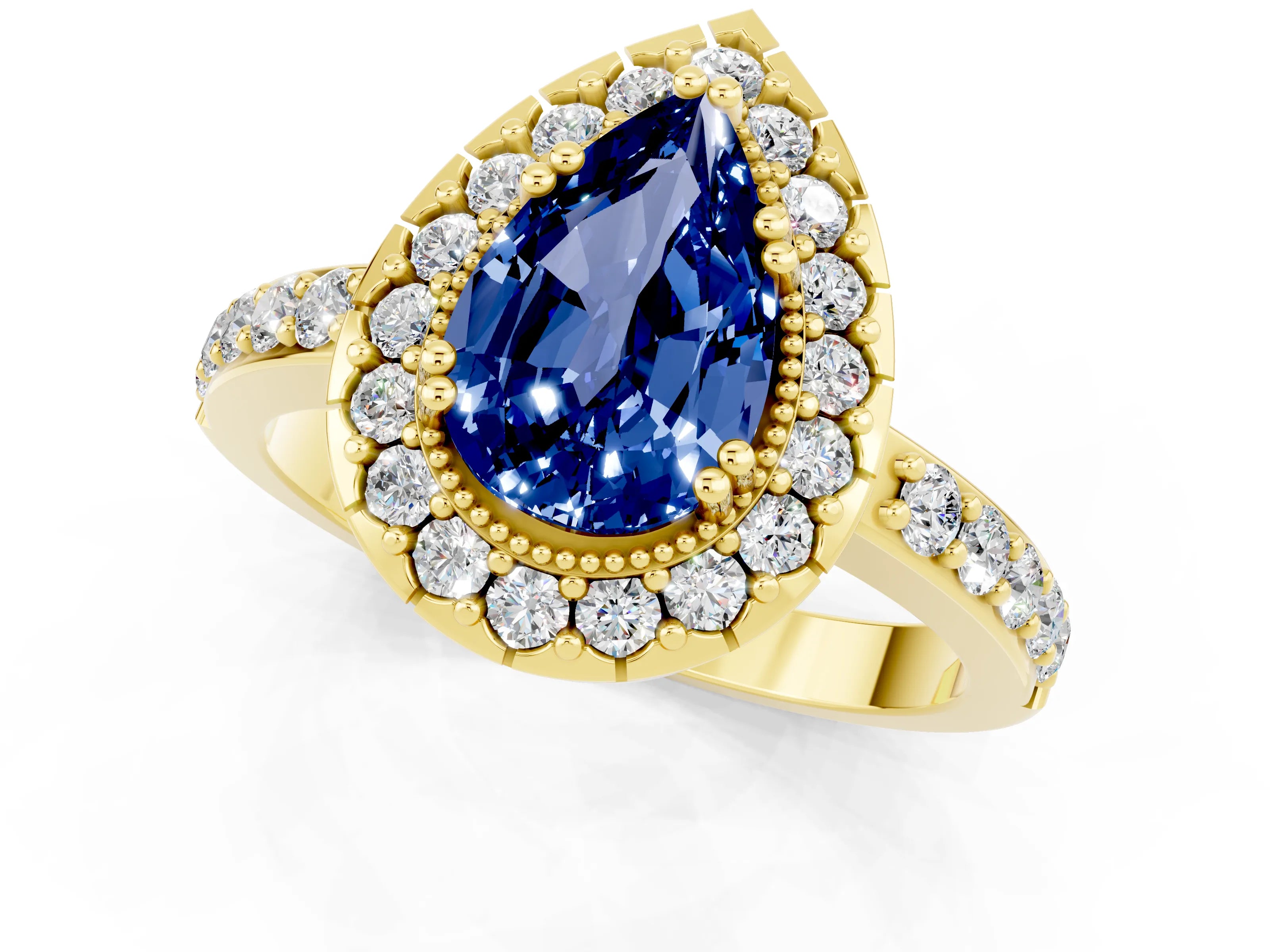 Yellow gold Pear Cut Blue Sapphire Halo Ring with Pavé Band and Prong Setting_1