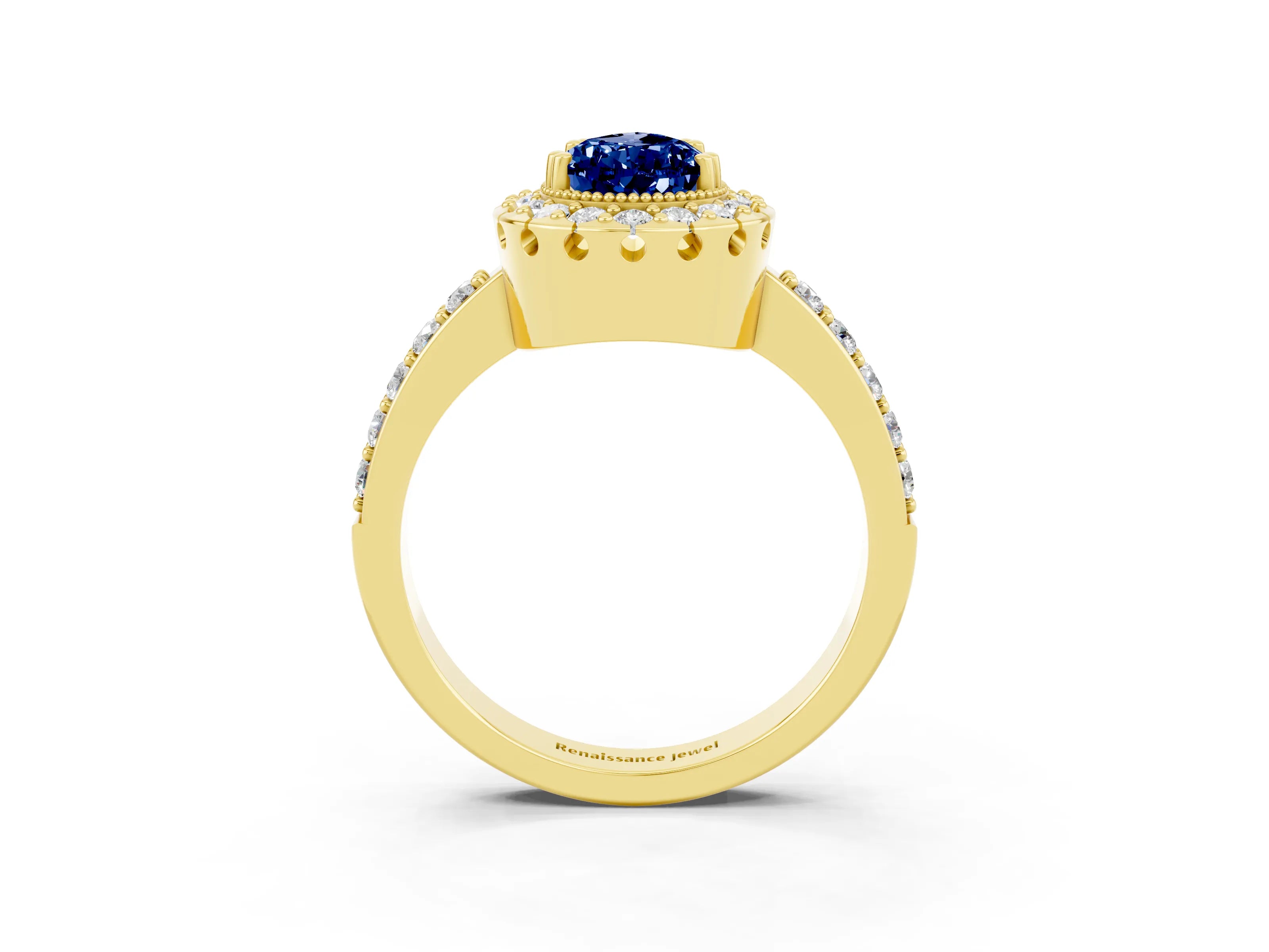 Yellow gold Pear Cut Blue Sapphire Halo Ring with Pavé Band and Prong Setting_3