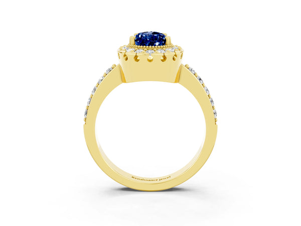 Yellow gold Pear Cut Blue Sapphire Halo Ring with Pavé Band and Prong Setting