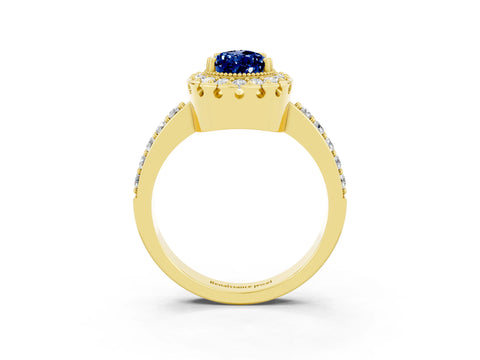 Yellow gold Pear Cut Blue Sapphire Halo Ring with Pavé Band and Prong Setting_3