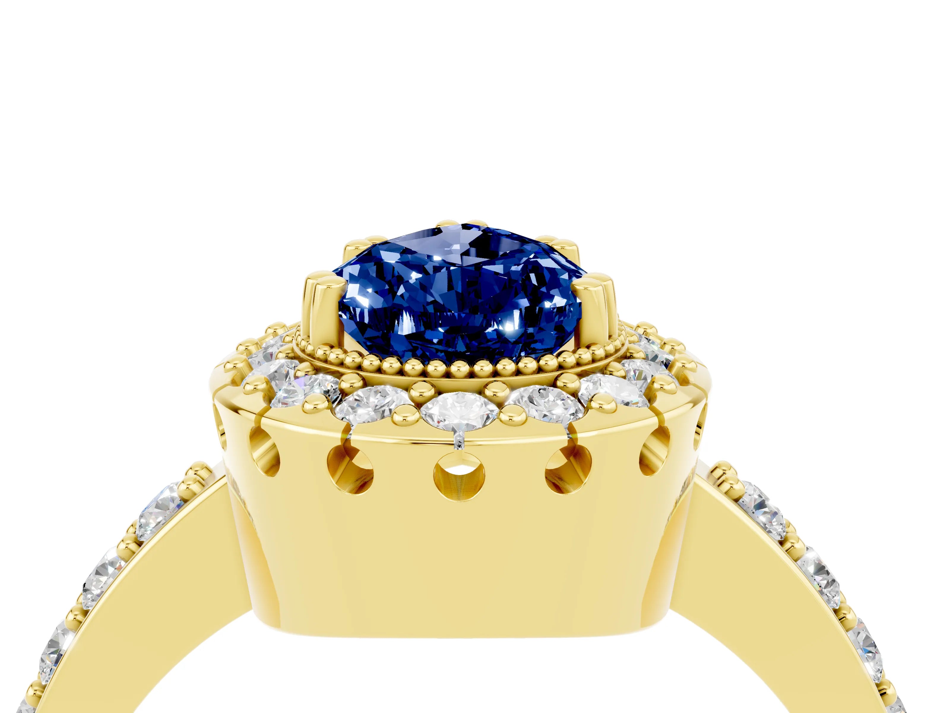 Yellow gold Pear Cut Blue Sapphire Halo Ring with Pavé Band and Prong Setting_4