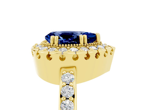 Yellow gold Pear Cut Blue Sapphire Halo Ring with Pavé Band and Prong Setting_5