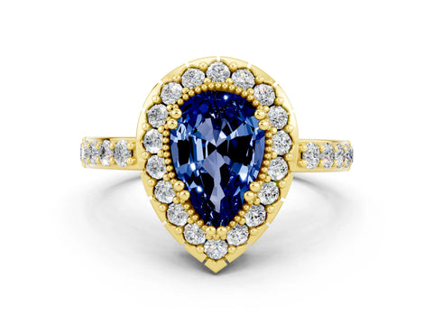 Yellow gold Pear Cut Blue Sapphire Halo Ring with Pavé Band and Prong Setting