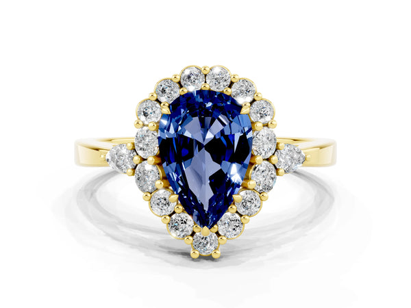 Yellow gold Pear Cut Blue Sapphire Halo Ring with Pear Side Stones and Prong Setting