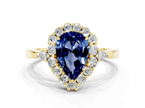 Yellow gold Pear Cut Blue Sapphire Halo Ring with Pear Side Stones and Prong Setting_12