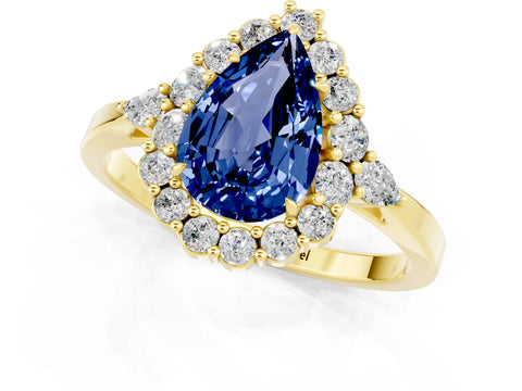 Yellow gold Pear Cut Blue Sapphire Halo Ring with Pear Side Stones and Prong Setting_13