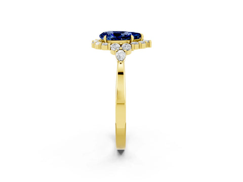 Yellow gold Pear Cut Blue Sapphire Halo Ring with Pear Side Stones and Prong Setting_14