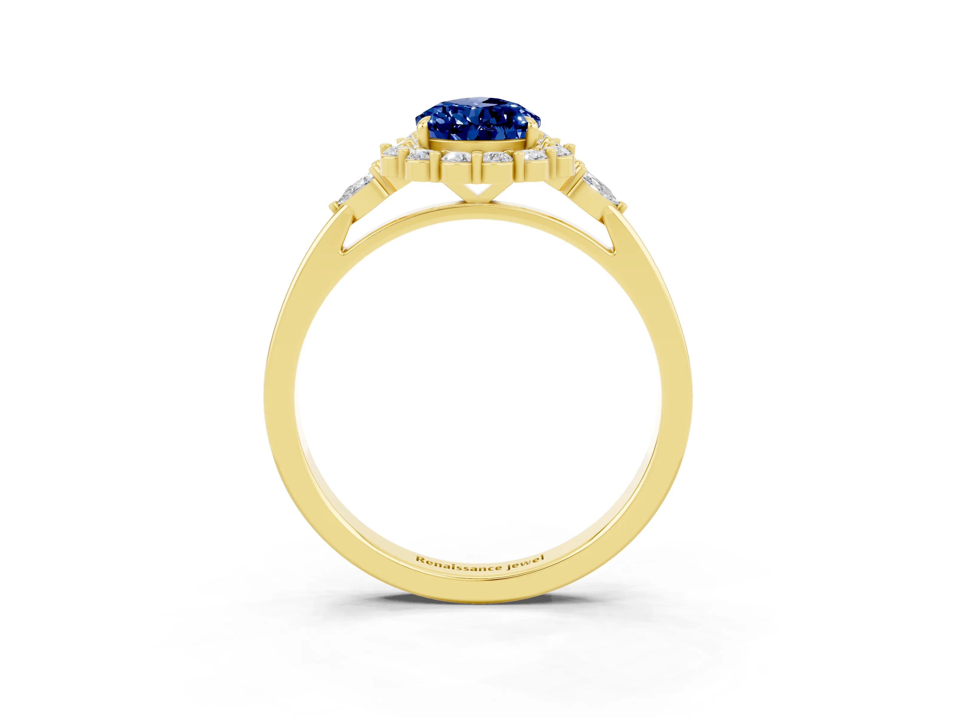 Yellow gold Pear Cut Blue Sapphire Halo Ring with Pear Side Stones and Prong Setting_15