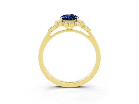 Yellow gold Pear Cut Blue Sapphire Halo Ring with Pear Side Stones and Prong Setting_15