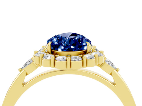 Yellow gold Pear Cut Blue Sapphire Halo Ring with Pear Side Stones and Prong Setting_16