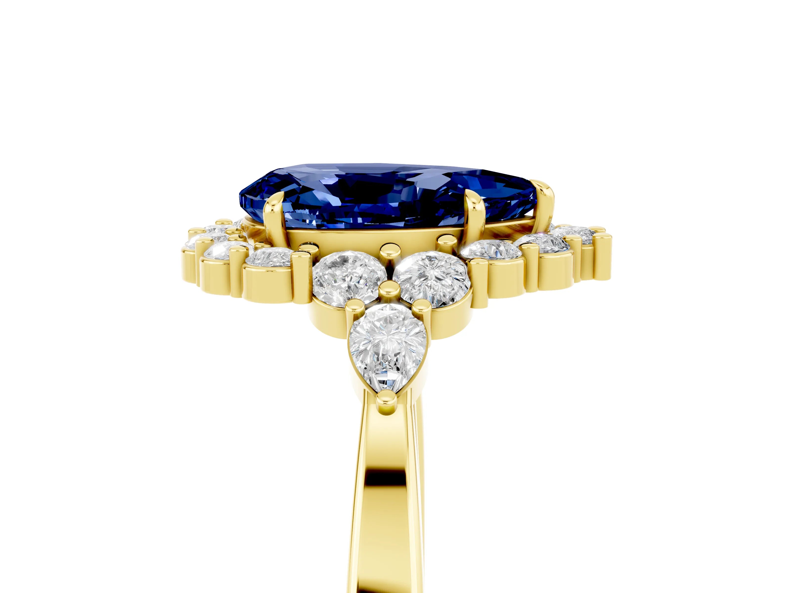 Yellow gold Pear Cut Blue Sapphire Halo Ring with Pear Side Stones and Prong Setting_17