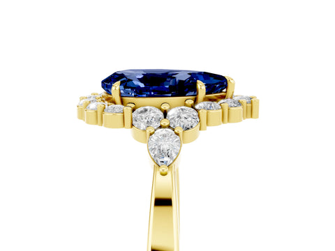 Yellow gold Pear Cut Blue Sapphire Halo Ring with Pear Side Stones and Prong Setting_17