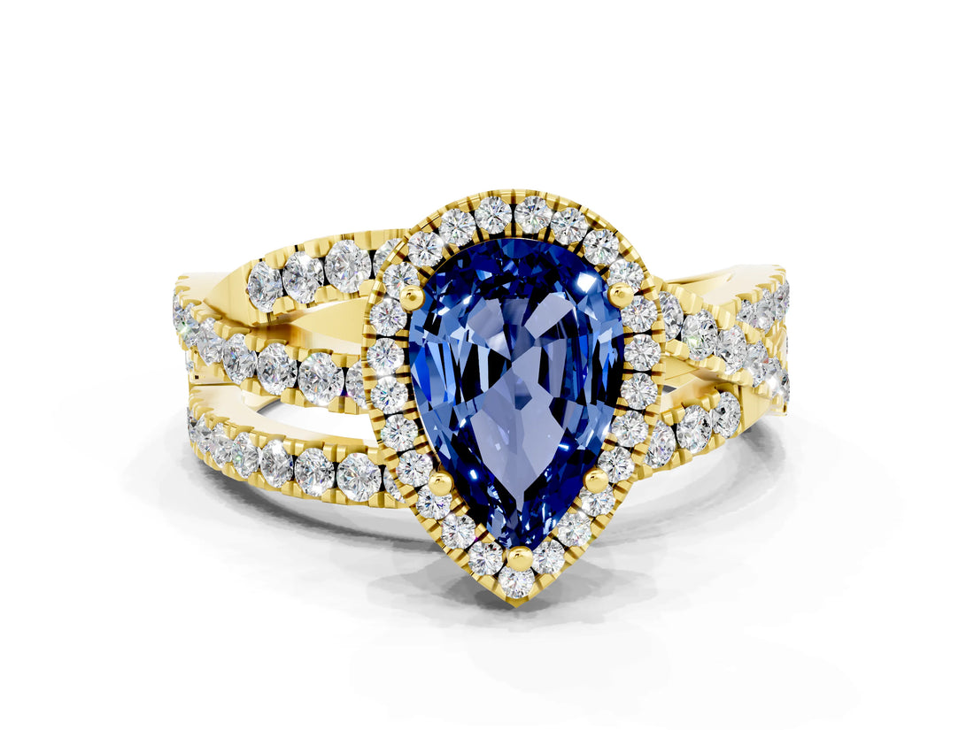 Yellow gold Pear Cut Blue Sapphire Halo Ring with Round Split Shank and Prong Setting_48