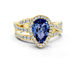 Yellow gold Pear Cut Blue Sapphire Halo Ring with Round Split Shank and Prong Setting_48