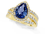 Yellow gold Pear Cut Blue Sapphire Halo Ring with Round Split Shank and Prong Setting_49