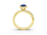 Yellow gold Pear Cut Blue Sapphire Halo Ring with Round Split Shank and Prong Setting_51