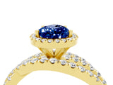 Yellow gold Pear Cut Blue Sapphire Halo Ring with Round Split Shank and Prong Setting_52