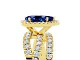 Yellow gold Pear Cut Blue Sapphire Halo Ring with Round Split Shank and Prong Setting_53