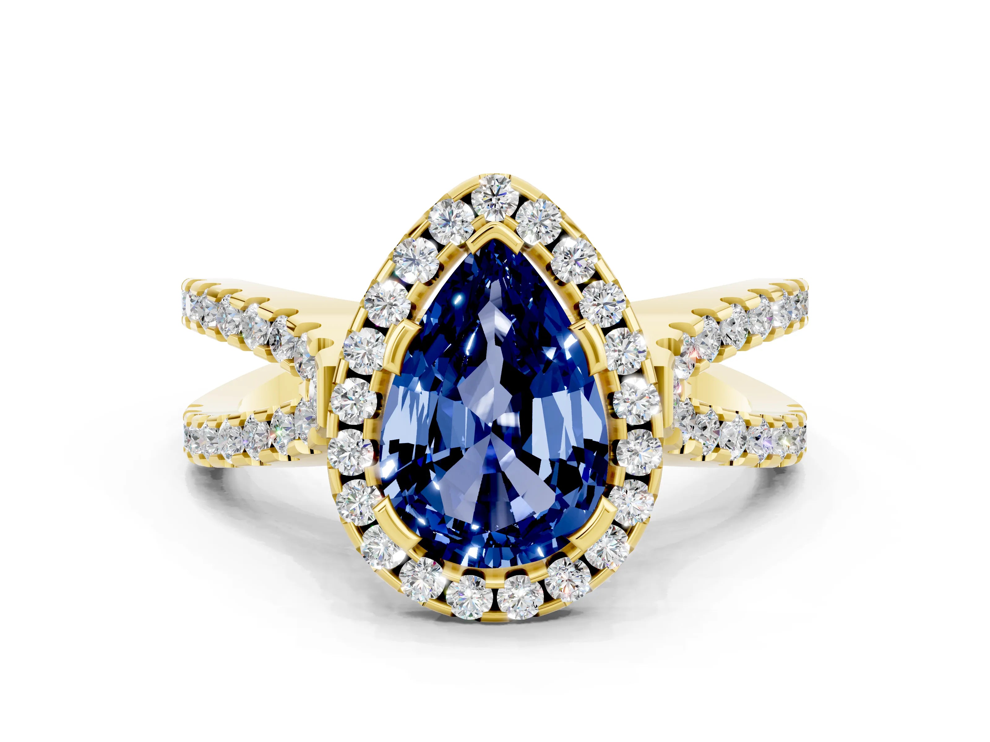 Yellow gold Pear Cut Blue Sapphire Halo Ring with Split Shank Pavé Band and Prong Setting