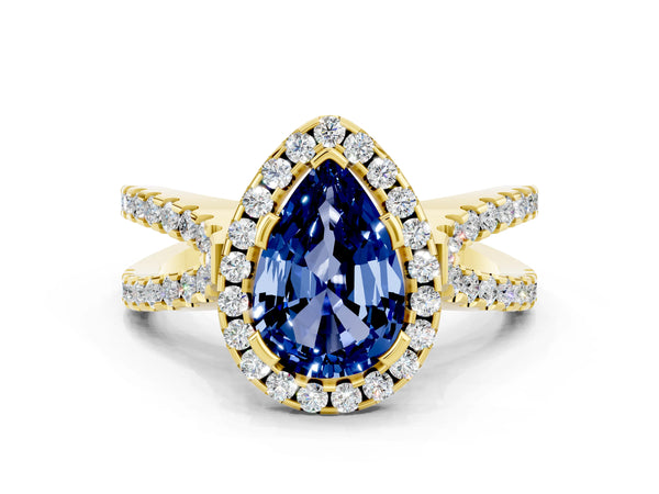Yellow gold Pear Cut Blue Sapphire Halo Ring with Split Shank Pavé Band and Prong Setting