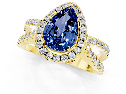 Yellow gold Pear Cut Blue Sapphire Halo Ring with Split Shank Pavé Band and Prong Setting_1
