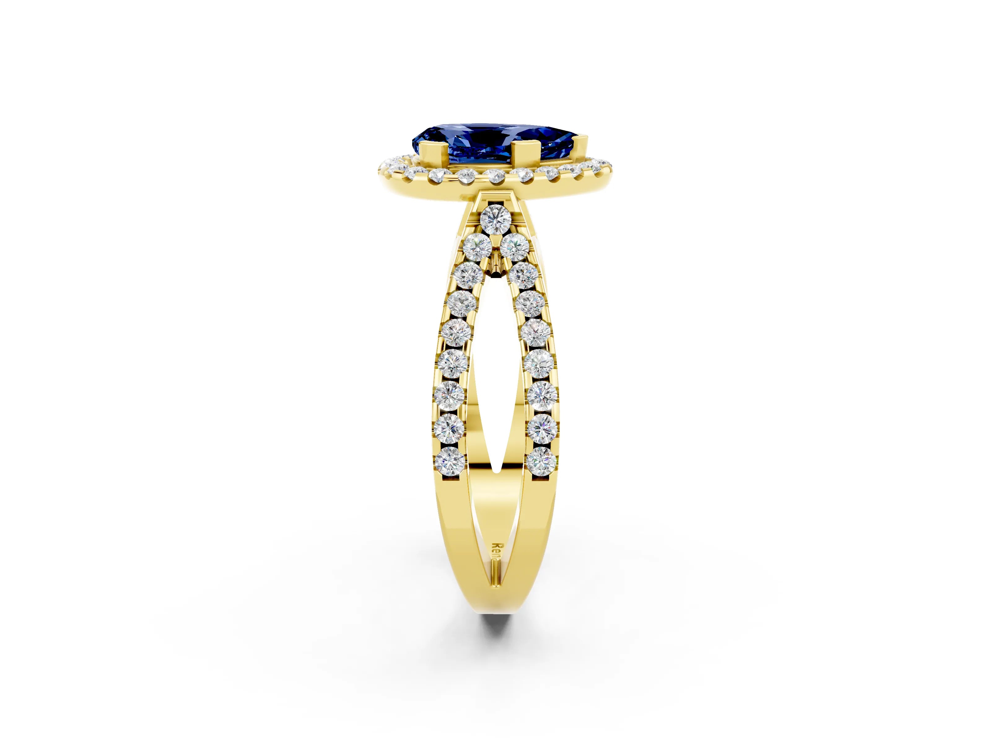 Yellow gold Pear Cut Blue Sapphire Halo Ring with Split Shank Pavé Band and Prong Setting_2