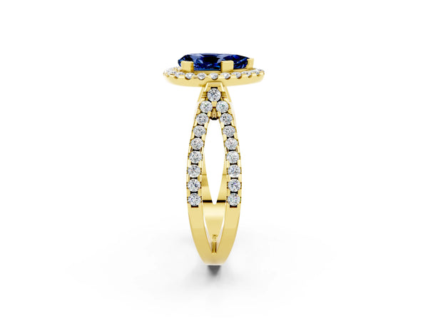 Yellow gold Pear Cut Blue Sapphire Halo Ring with Split Shank Pavé Band and Prong Setting