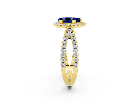 Yellow gold Pear Cut Blue Sapphire Halo Ring with Split Shank Pavé Band and Prong Setting_2
