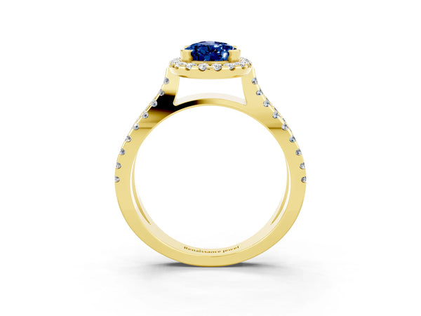 Yellow gold Pear Cut Blue Sapphire Halo Ring with Split Shank Pavé Band and Prong Setting
