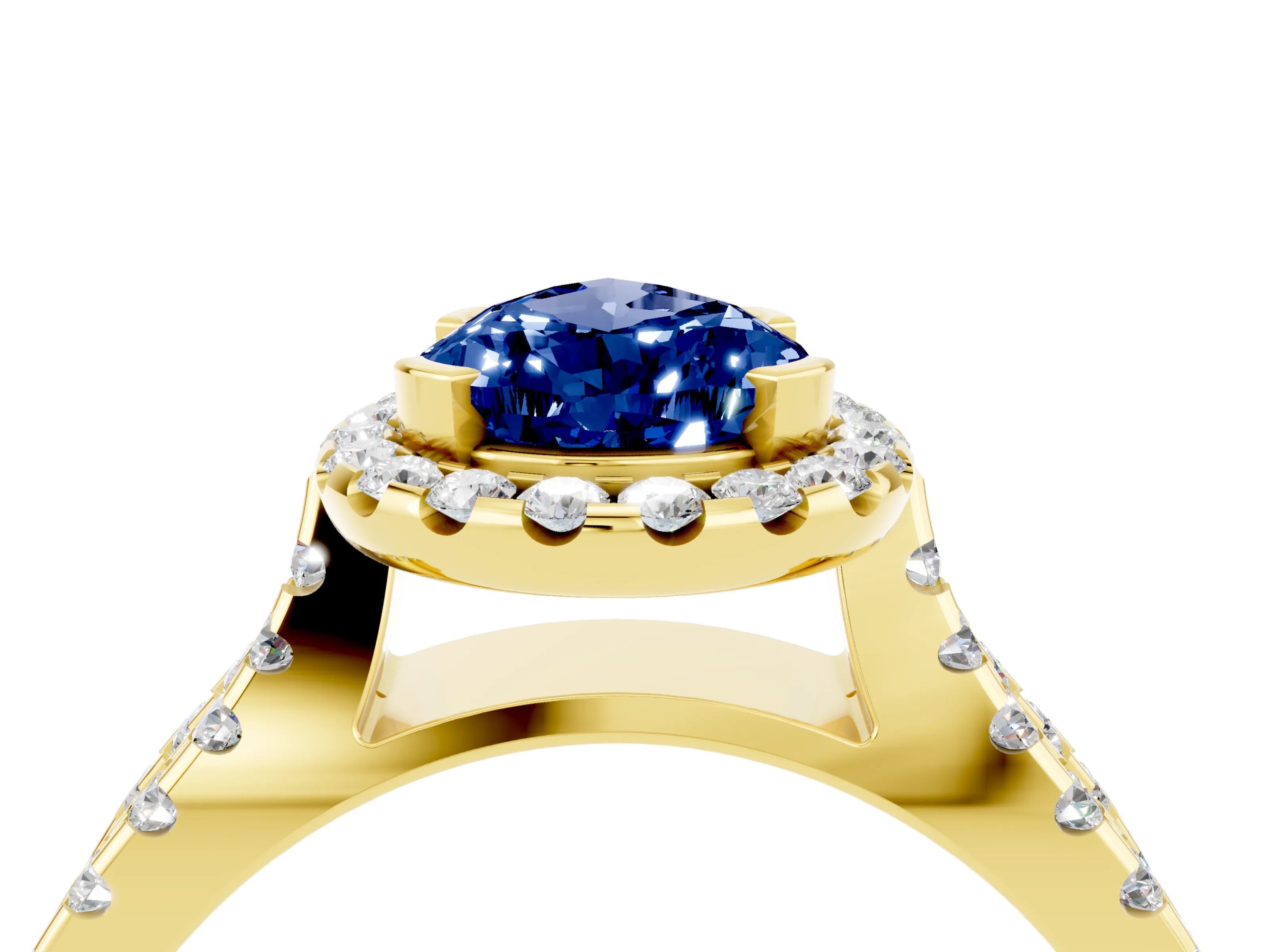 Yellow gold Pear Cut Blue Sapphire Halo Ring with Split Shank Pavé Band and Prong Setting_4