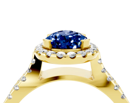 Yellow gold Pear Cut Blue Sapphire Halo Ring with Split Shank Pavé Band and Prong Setting_4